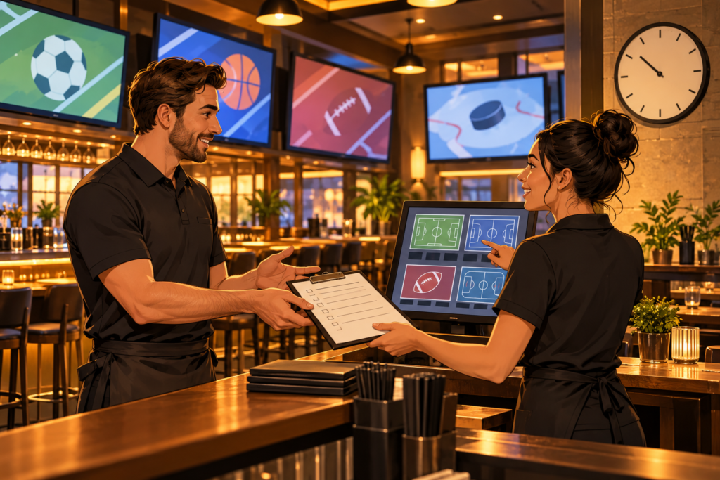 Venue staff checking an event screen plan and printed checklist