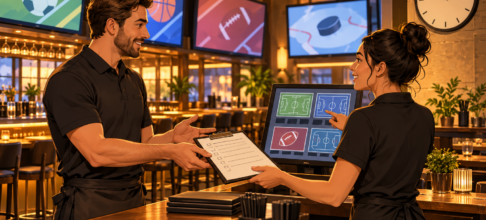 Venue staff checking an event screen plan and printed checklist