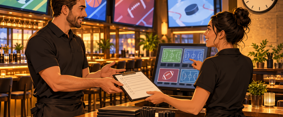 Venue staff checking an event screen plan and printed checklist