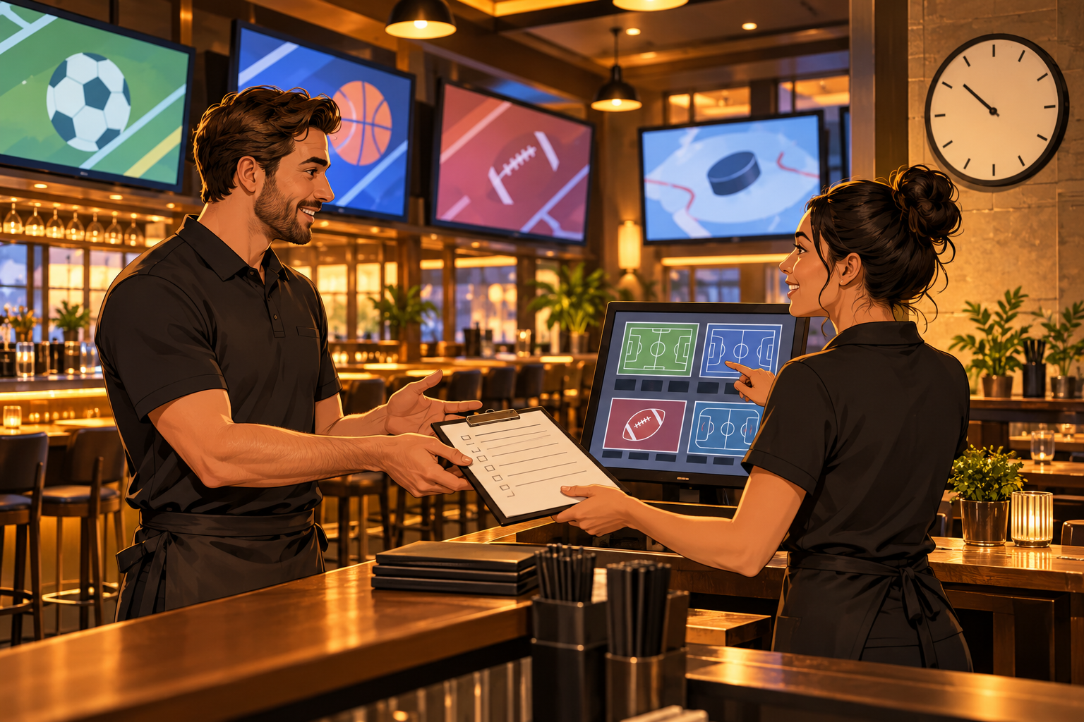 Venue staff reviewing a screen plan and content checklist