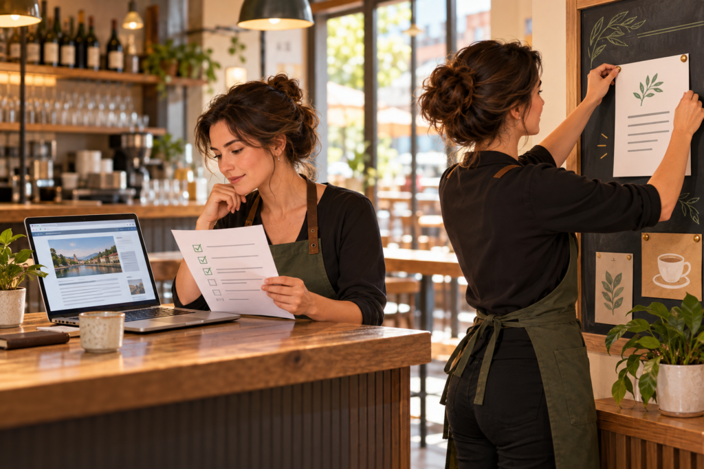 Staff checking a source checklist before updating a public-facing notice